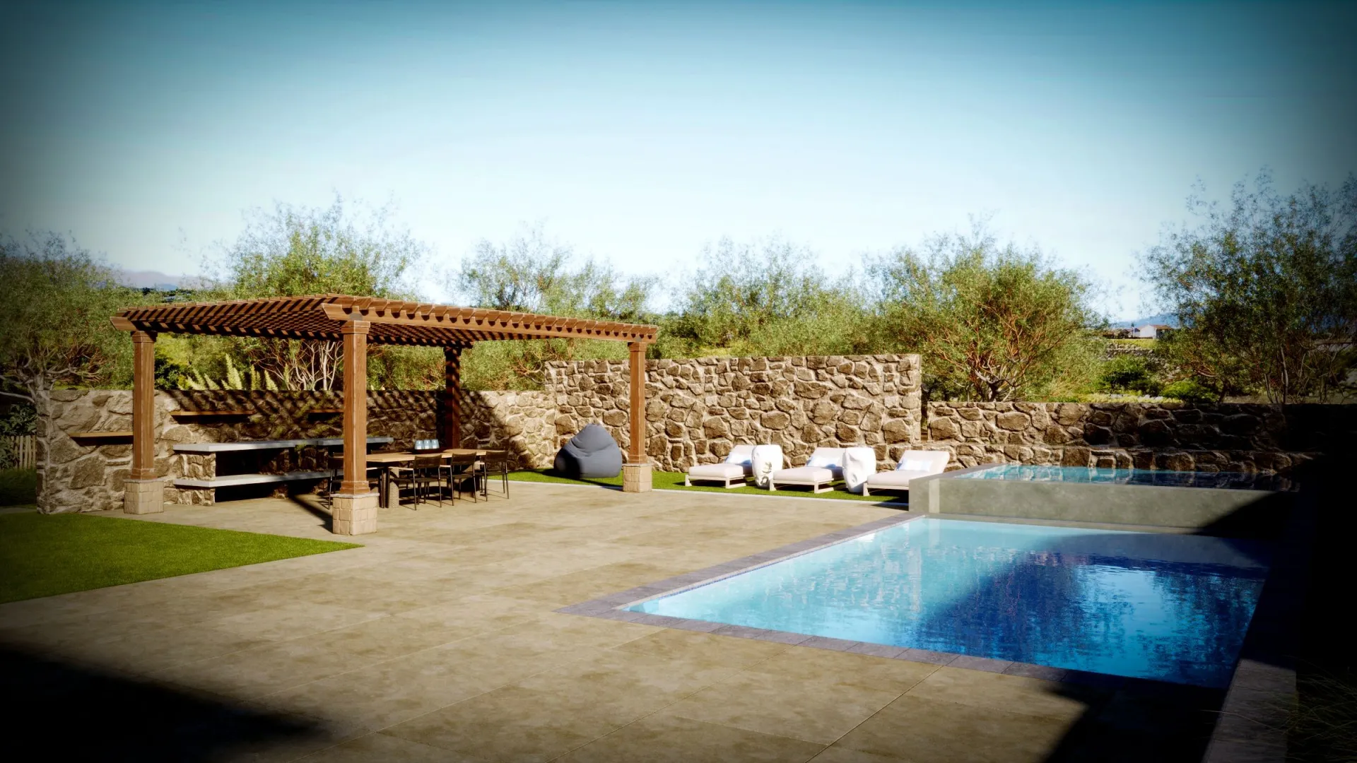 Outdoor patio with pergola, seating, and a swimming pool.